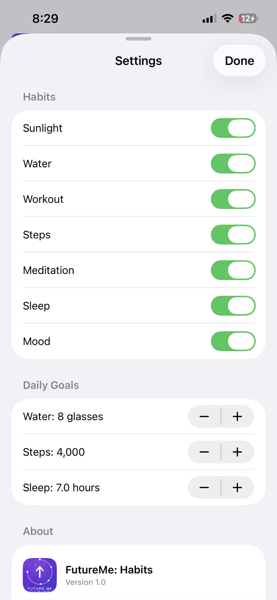 Customizable settings and goals