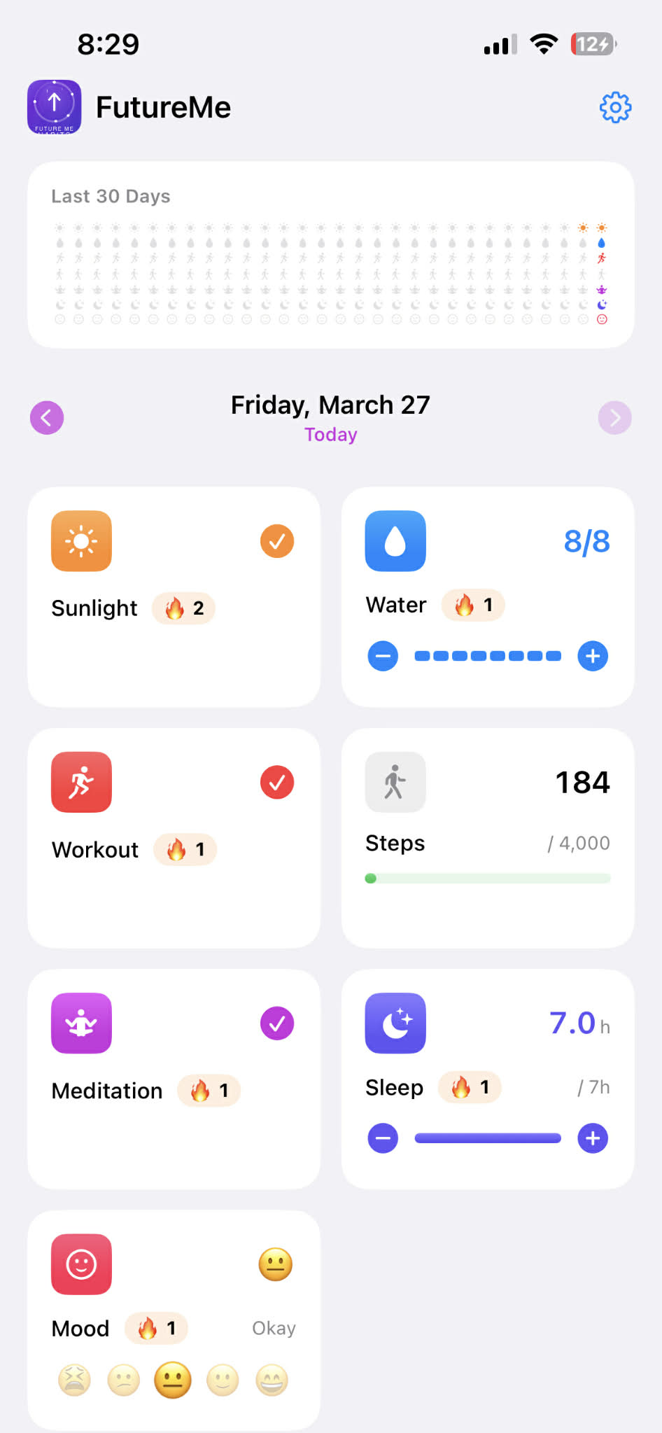 FutureMe Habits app showing daily habit tracking with streaks